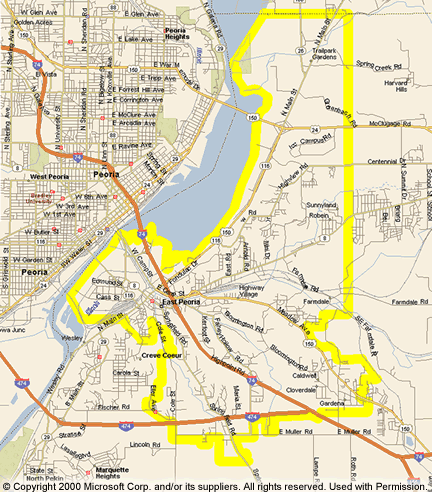 Map with approximate outline of Fondulac Public Library District boundaries