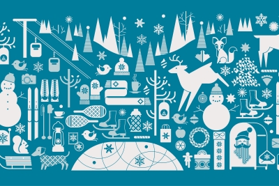 white winter icons on a teal background