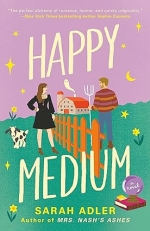 Happy Medium book cover - an illustrated man and woman look over a fence at each other