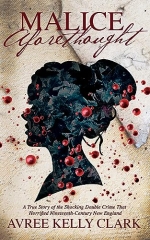 Malice Aforethought book cover -Victorian woman silhouette with blood splatter