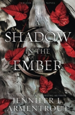  A close up of grey tree bark and bright red leaves with the title Shadow in the Ember