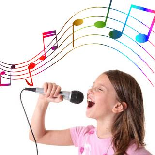 girl singing with colorful music notes