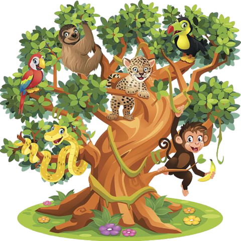 Cartoon illustration of rainforest animals hanging in a tree. Sloth, birds, snake, monkey, leopard.