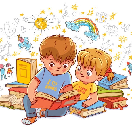 illustration of children reading atop a pile of books