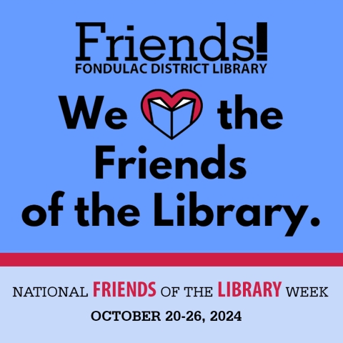 Friends of the Library logo with heart and book