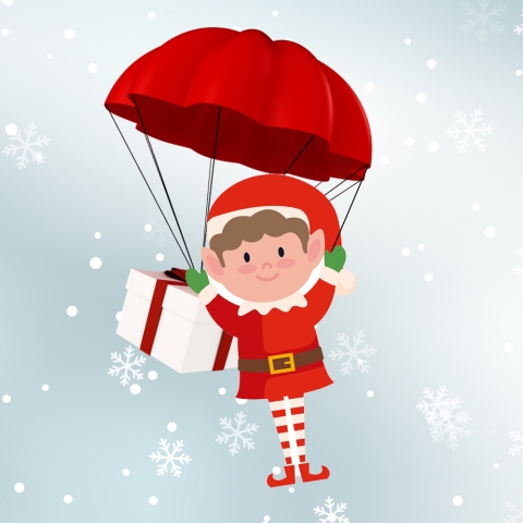 Christmas elf flying with a parachute