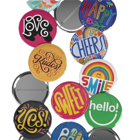 assortment of colorful badge buttons