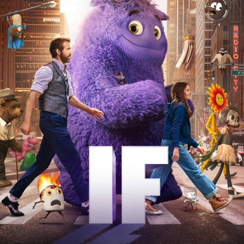 movie poster for IF with large, purple imaginary friend