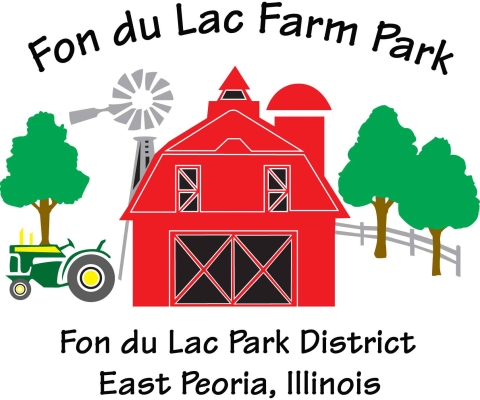 logo of Fon du Lac Farm Park with red barn, trees, and tractor