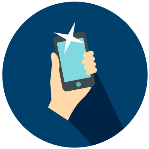 illustration of a hand holding a mobile phone on a dark blue background