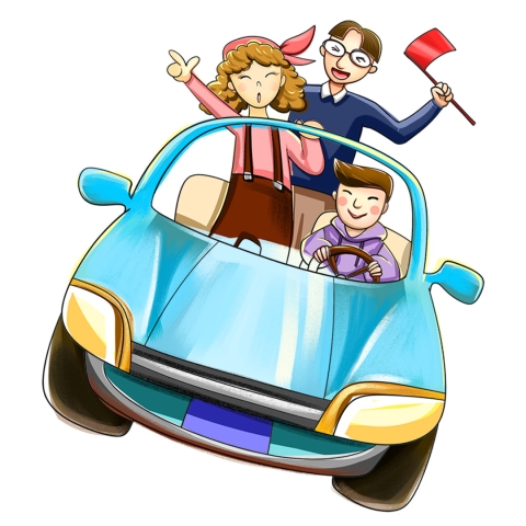 illustration of family in a blue race car