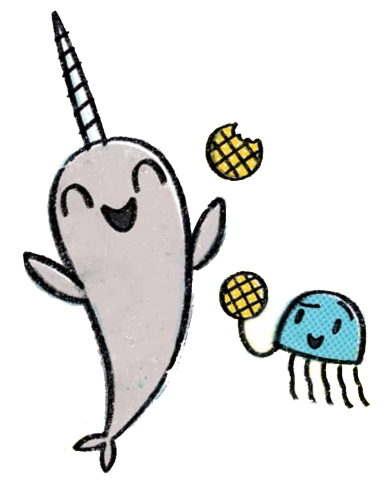 illustration of children's book characters, a narwhal and a jellyfish