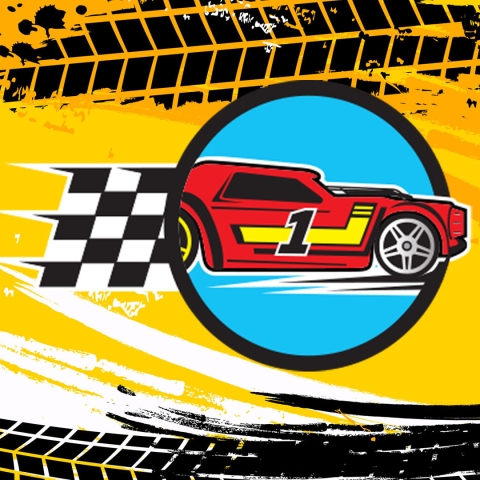 illustration of a red race car on yellow with black tire tracks