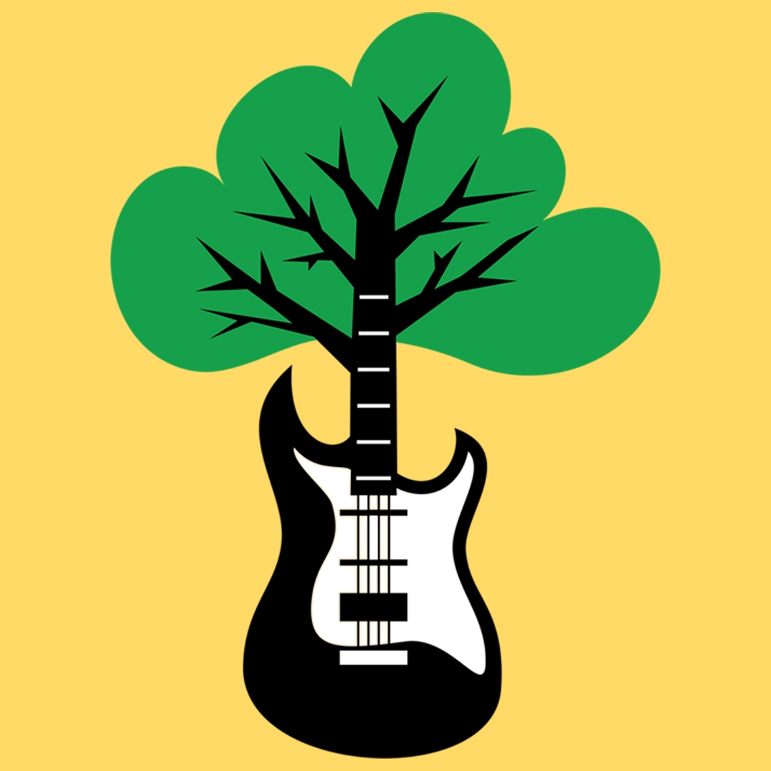 electric guitar with a treetop as the neck of the guitar