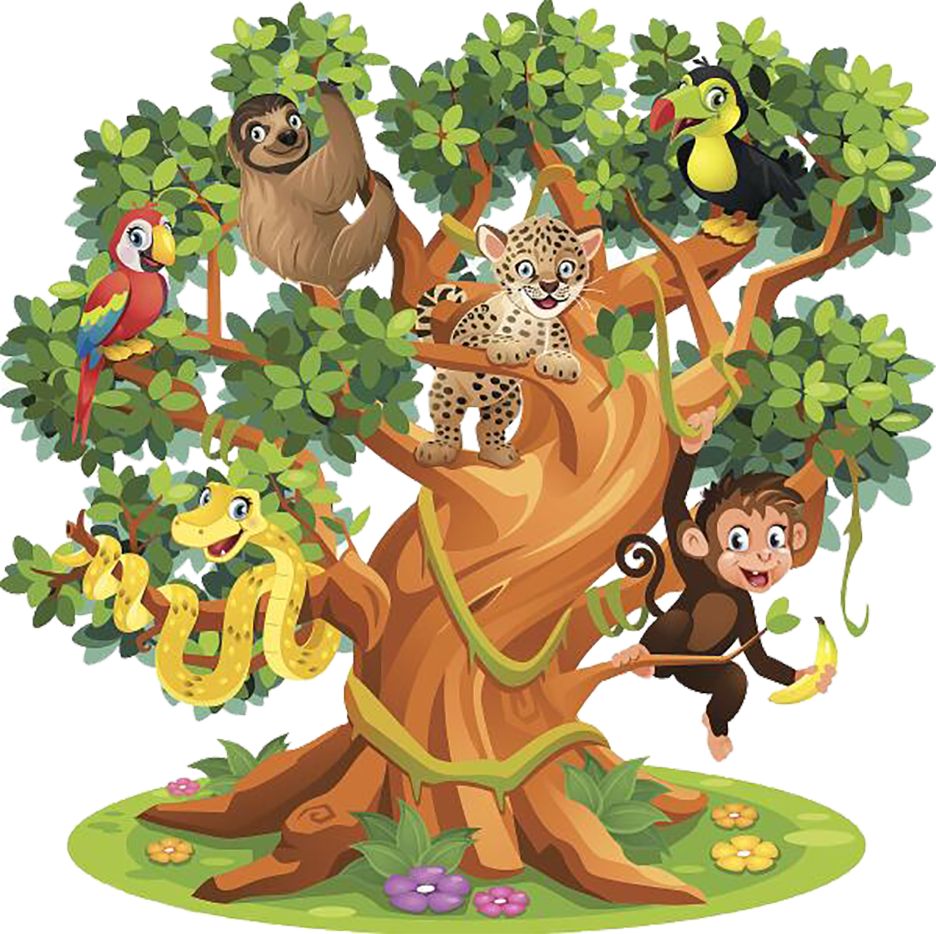 Cartoon illustration of rainforest animals hanging in a tree. Sloth, birds, snake, monkey, leopard.