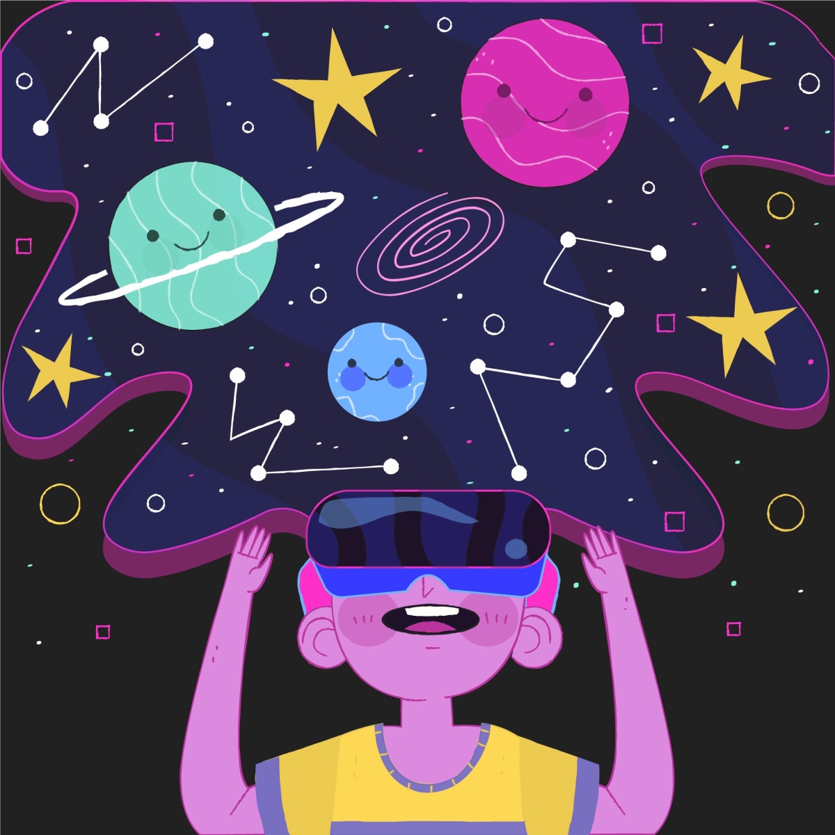 illustration of a child looking at the night sky through virtual reality glasses