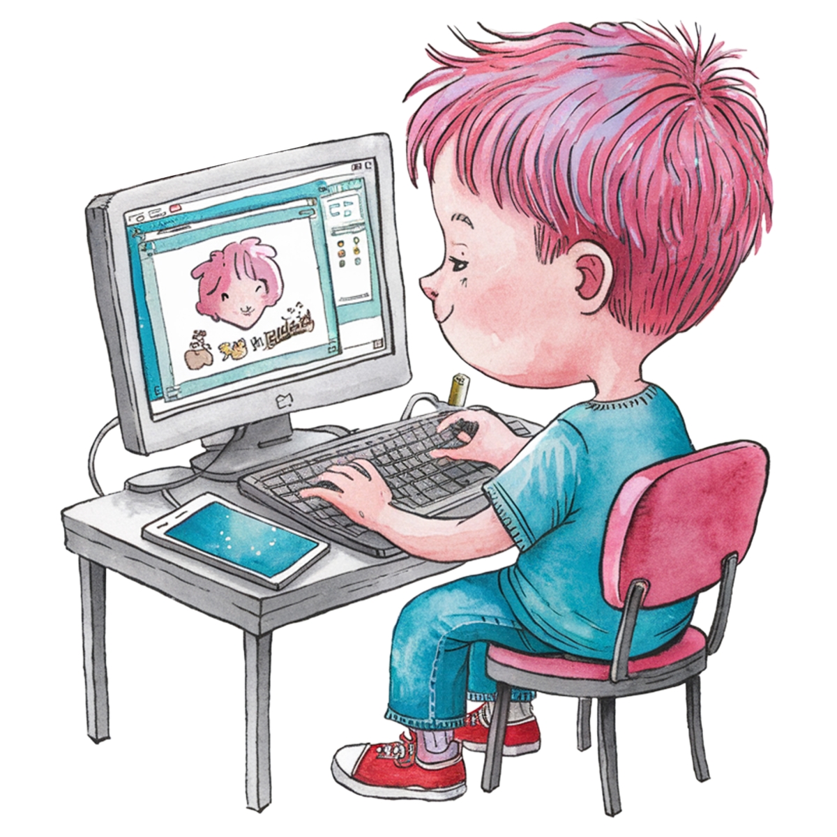 boy with pink hair drawing on a computer