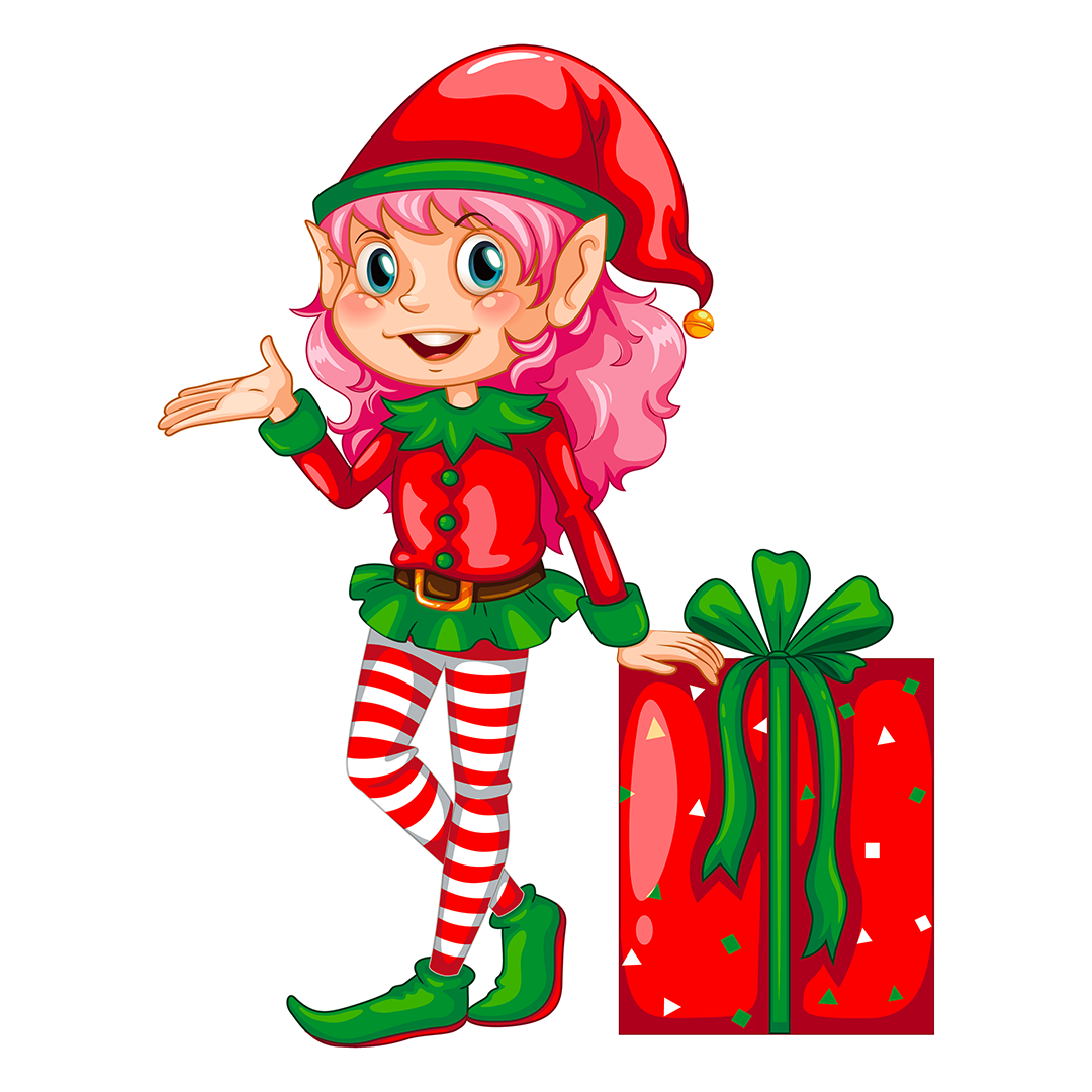 girl elf with pink hair leaning on a wrapped gift