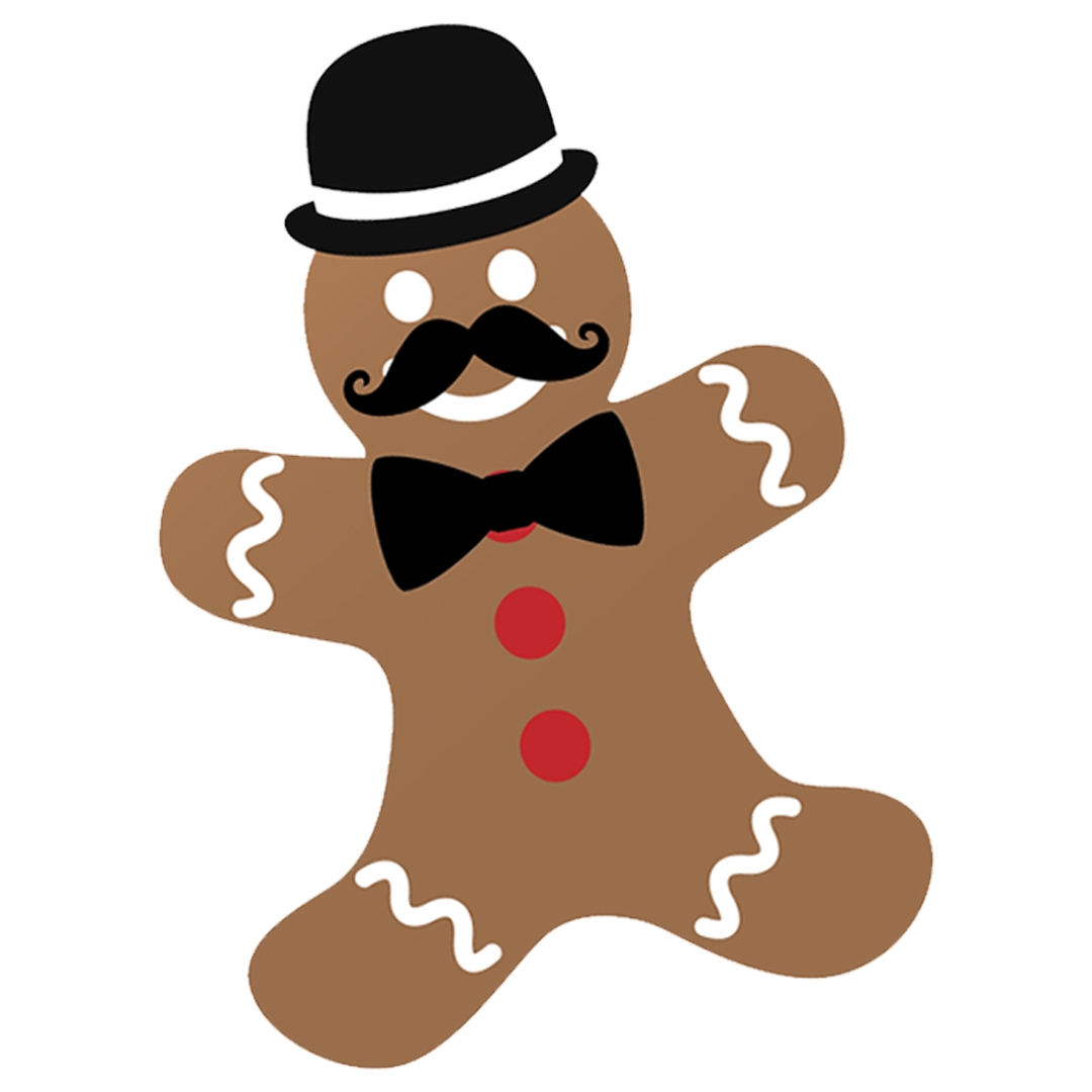 gingerbread man wearing a hat, bowtie and mustache