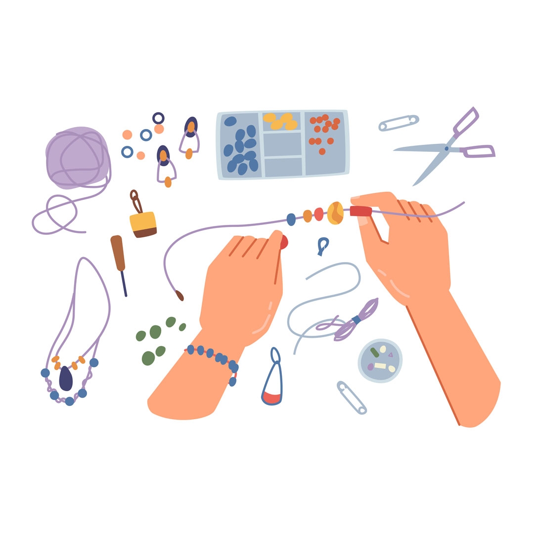 illustration of hands creating jewelry with craft supplies