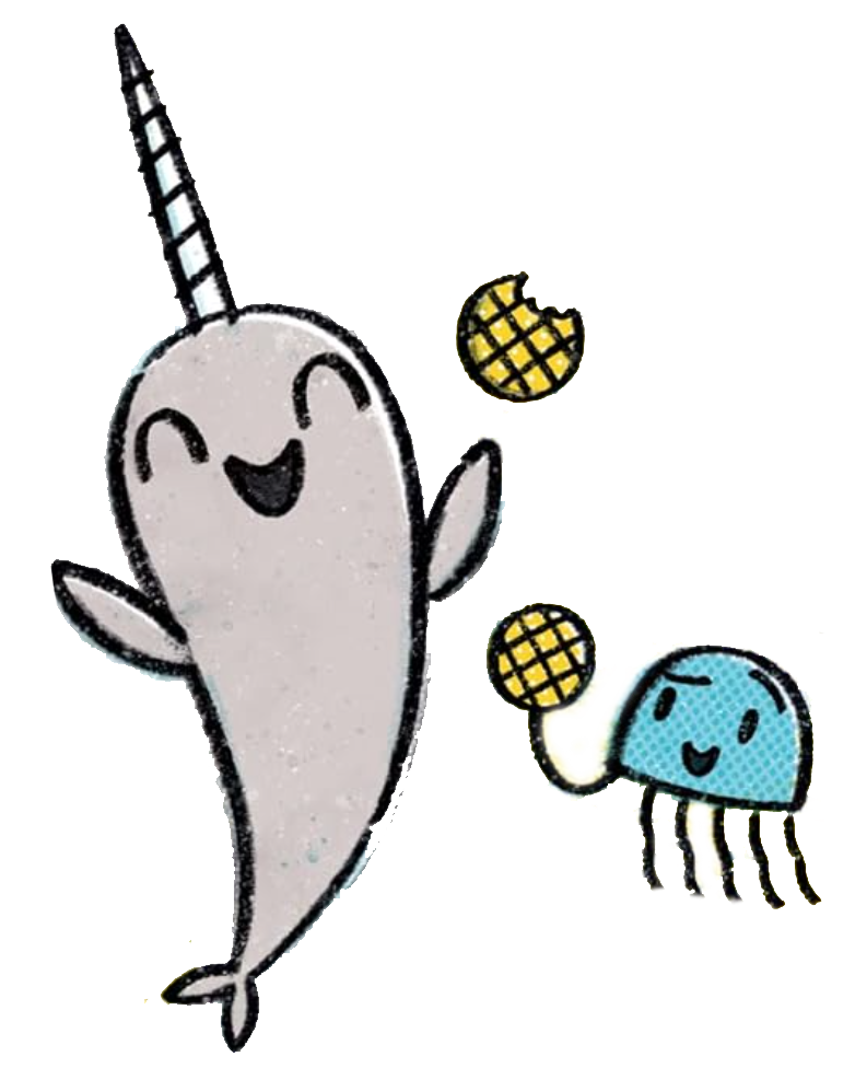 illustration of children's book characters, a narwhal and a jellyfish