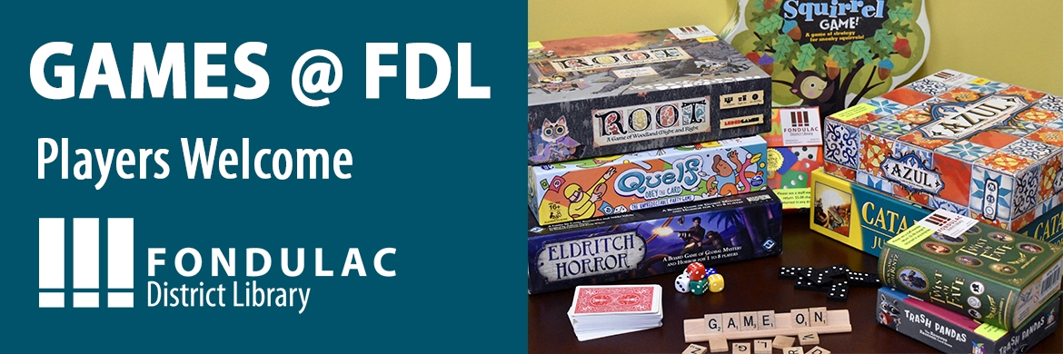 Games at FDL: Players Welcome with image of board games