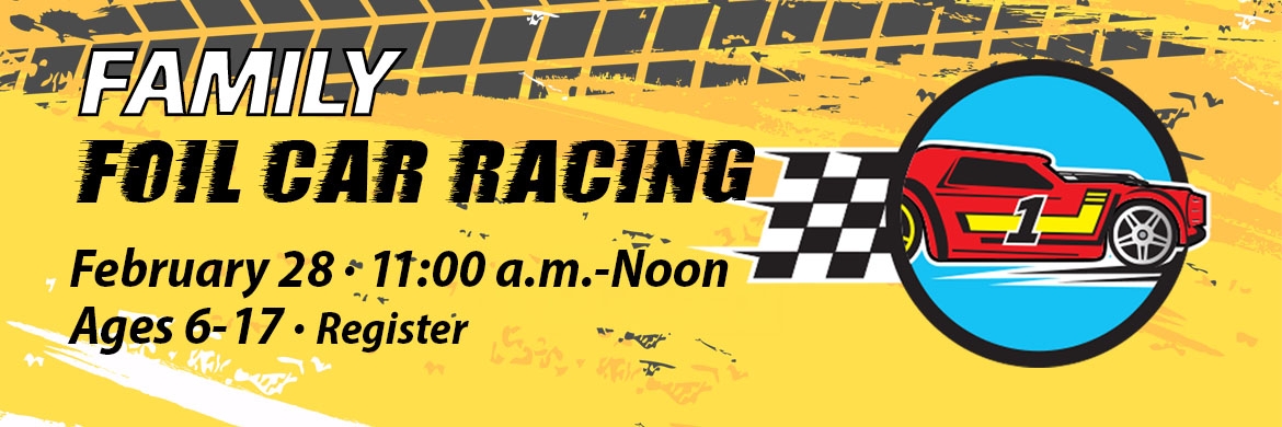 illustration of a red race car on yellow and black background featuring family event info