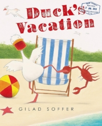 cover art for Duck's Vacation, duck and crab on a beach