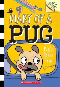 cover art for Pug's Road Trip, pug dog in a car