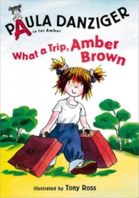cover art for What a Trip, Amber Brown; young girl carrying suitcases